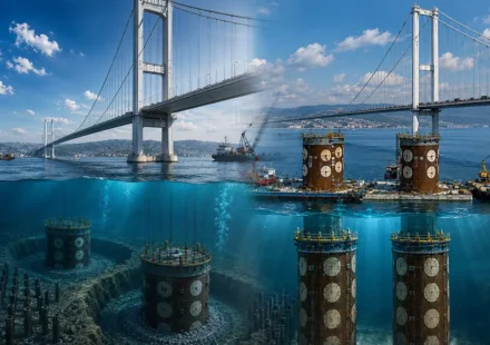 Ilustrasi kule temelleri untuk artikel Kule temelleri Osmangazi: operasi 40 meter di bawah Körfez