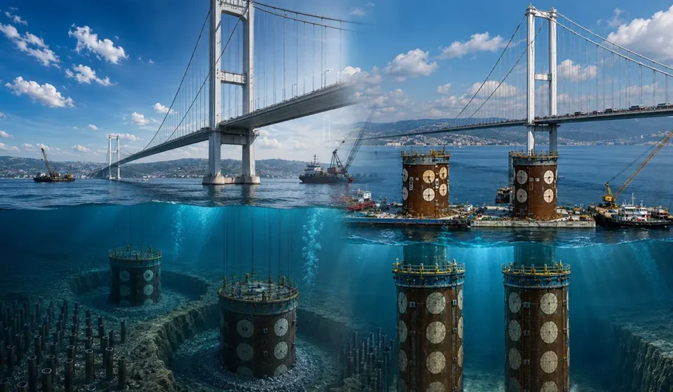 Ilustrasi kule temelleri untuk artikel Kule temelleri Osmangazi: operasi 40 meter di bawah Körfez